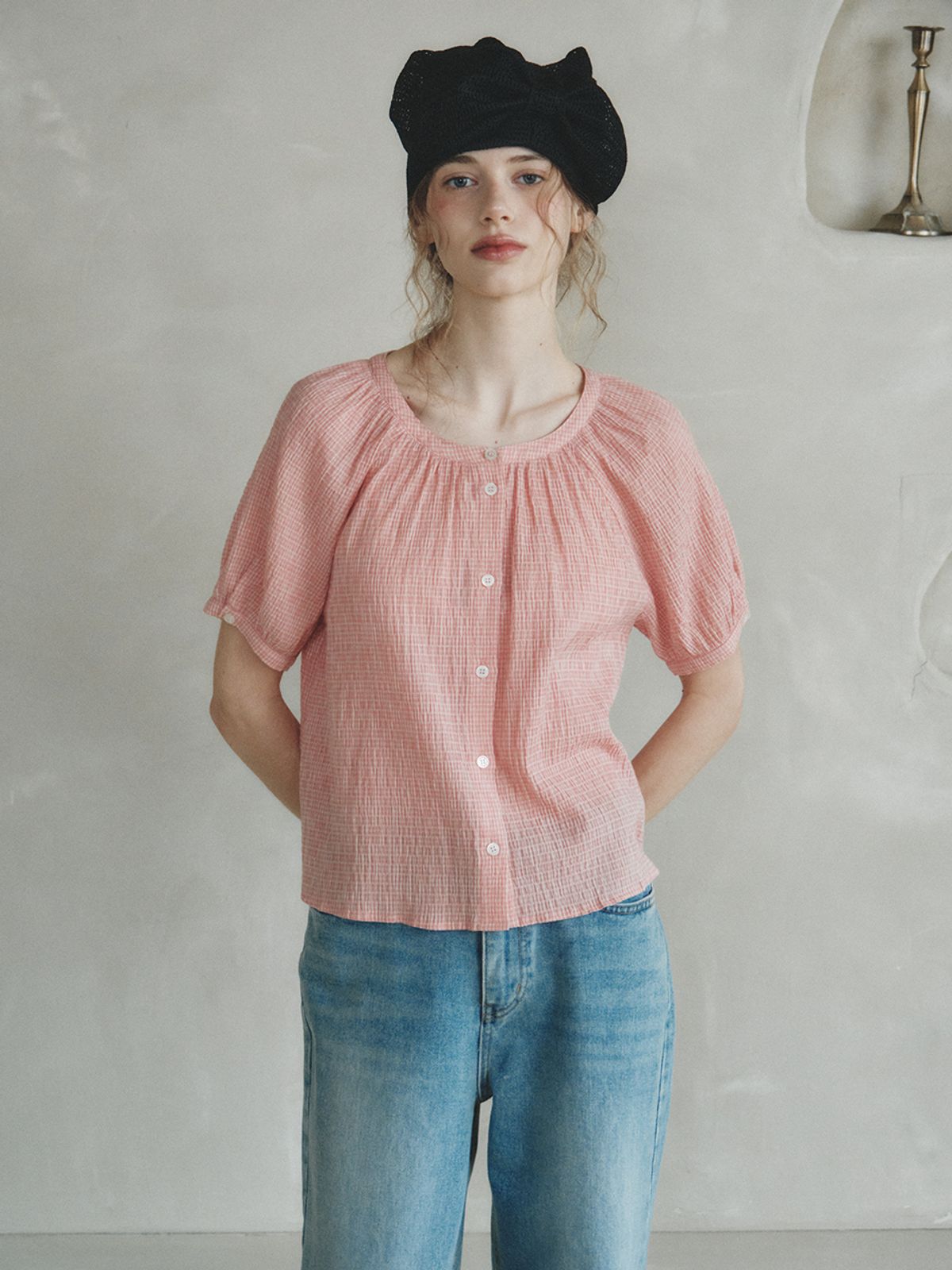르니나(LENINA) CHLOE raglan check blouse_RED