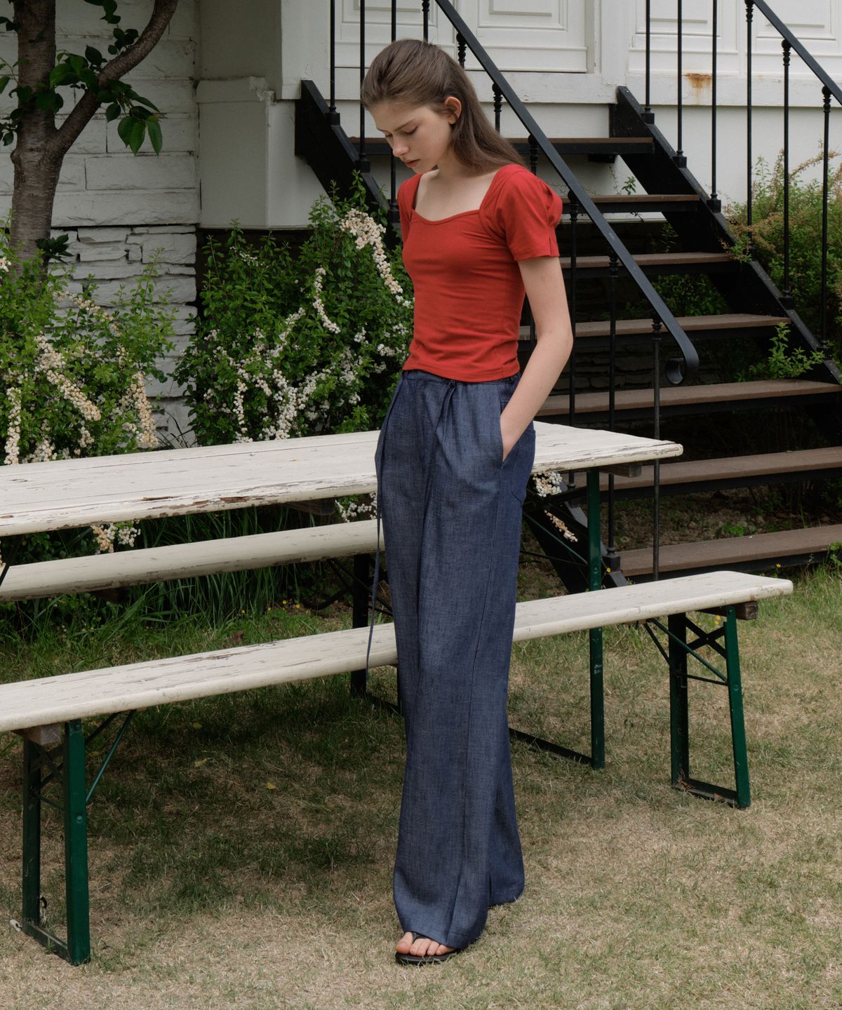 리올그(REORG) GIR WIDE DENIM LIKE PANTS BLUE