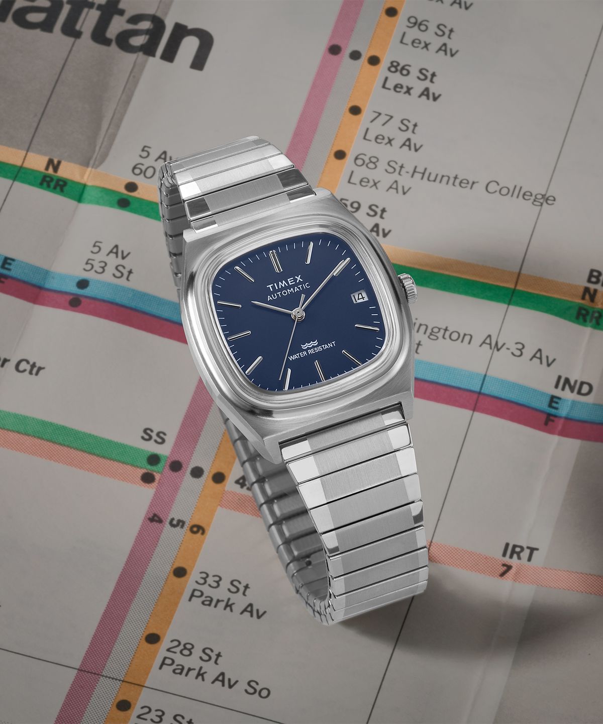 타이맥스(TIMEX) E라인 오토매틱 1983 익스펜션 스트랩 블루시계 34mm