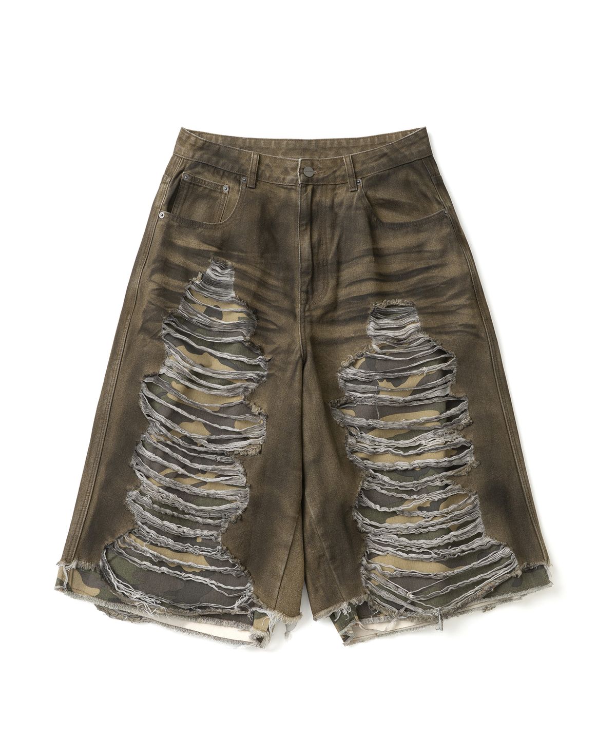 낫포너드(NOT4NERD) Camo Layered Distressed Bermuda Denim Shorts - Beige