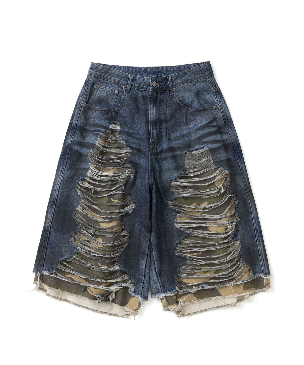 낫포너드(NOT4NERD) Camo Layered Distressed Bermuda Denim Shorts - Deep Blue