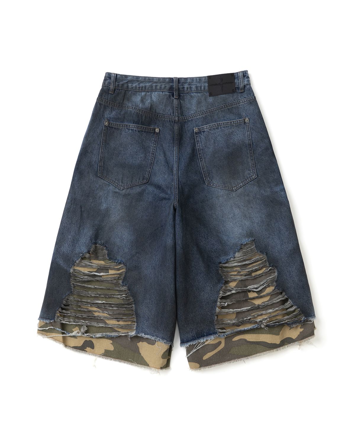 낫포너드(NOT4NERD) Camo Layered Distressed Bermuda Denim Shorts - Deep Blue