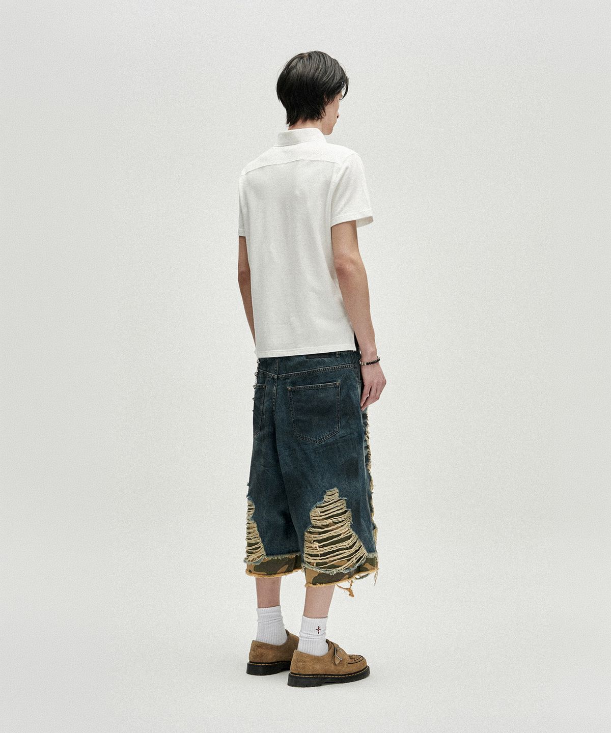 낫포너드(NOT4NERD) Camo Layered Distressed Bermuda Denim Shorts - Deep Blue
