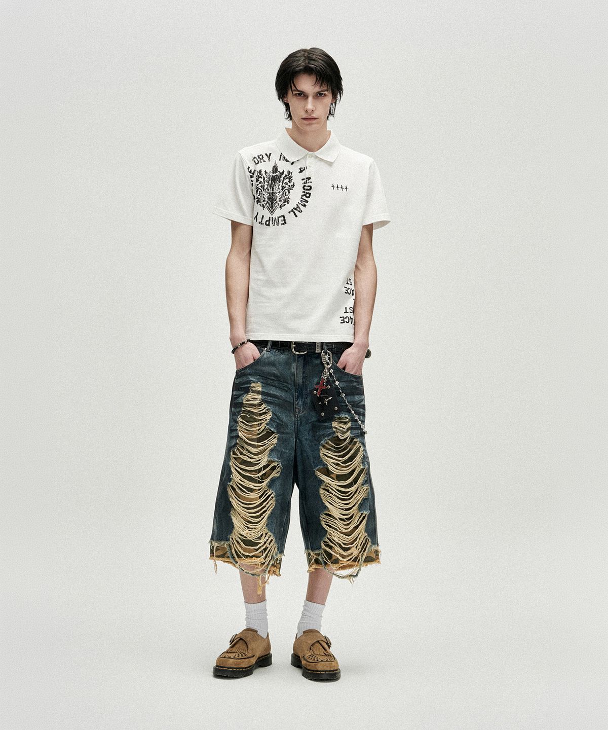 낫포너드(NOT4NERD) Camo Layered Distressed Bermuda Denim Shorts - Deep Blue