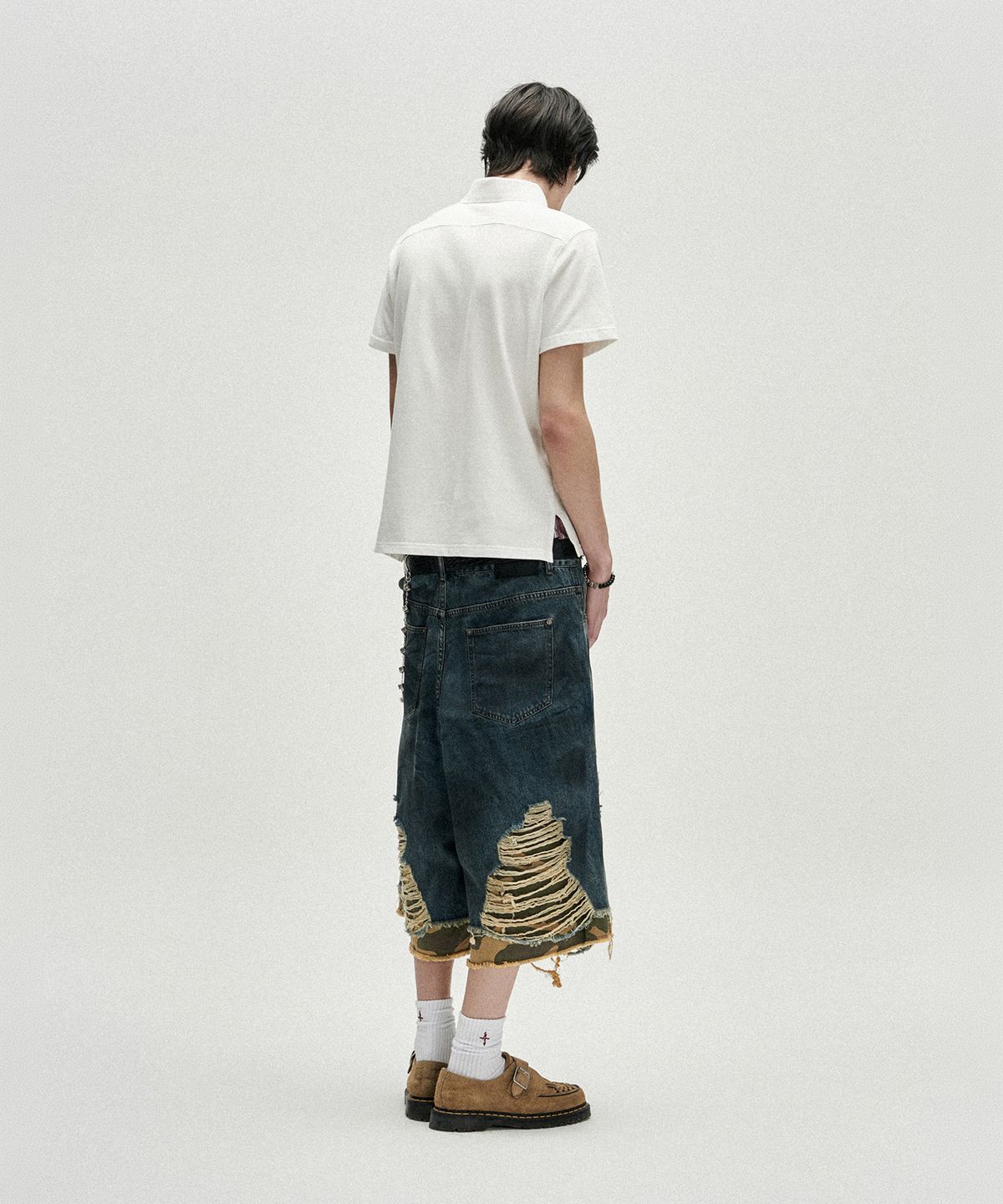 낫포너드(NOT4NERD) Camo Layered Distressed Bermuda Denim Shorts - Deep Blue