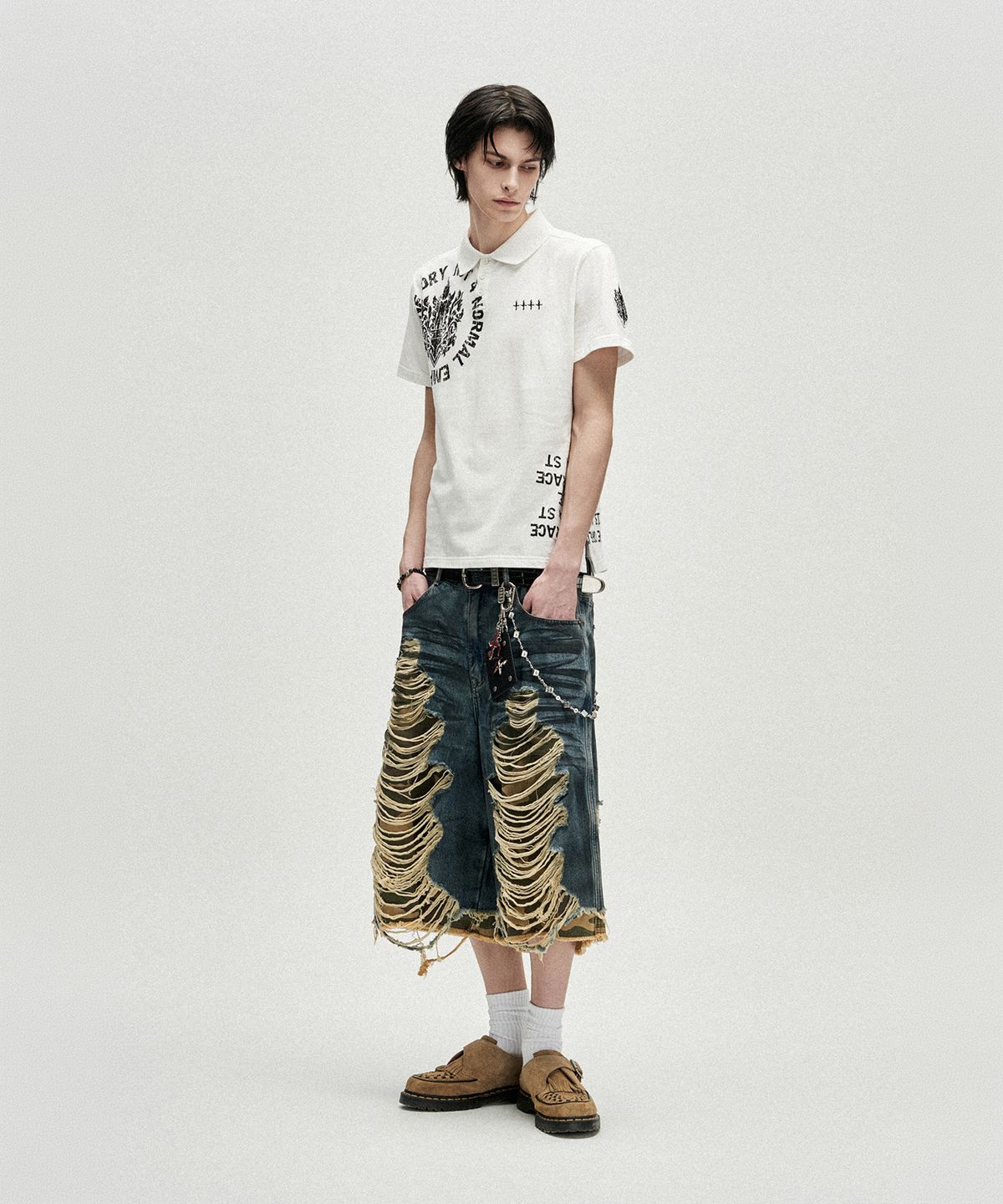 낫포너드(NOT4NERD) Camo Layered Distressed Bermuda Denim Shorts - Deep Blue