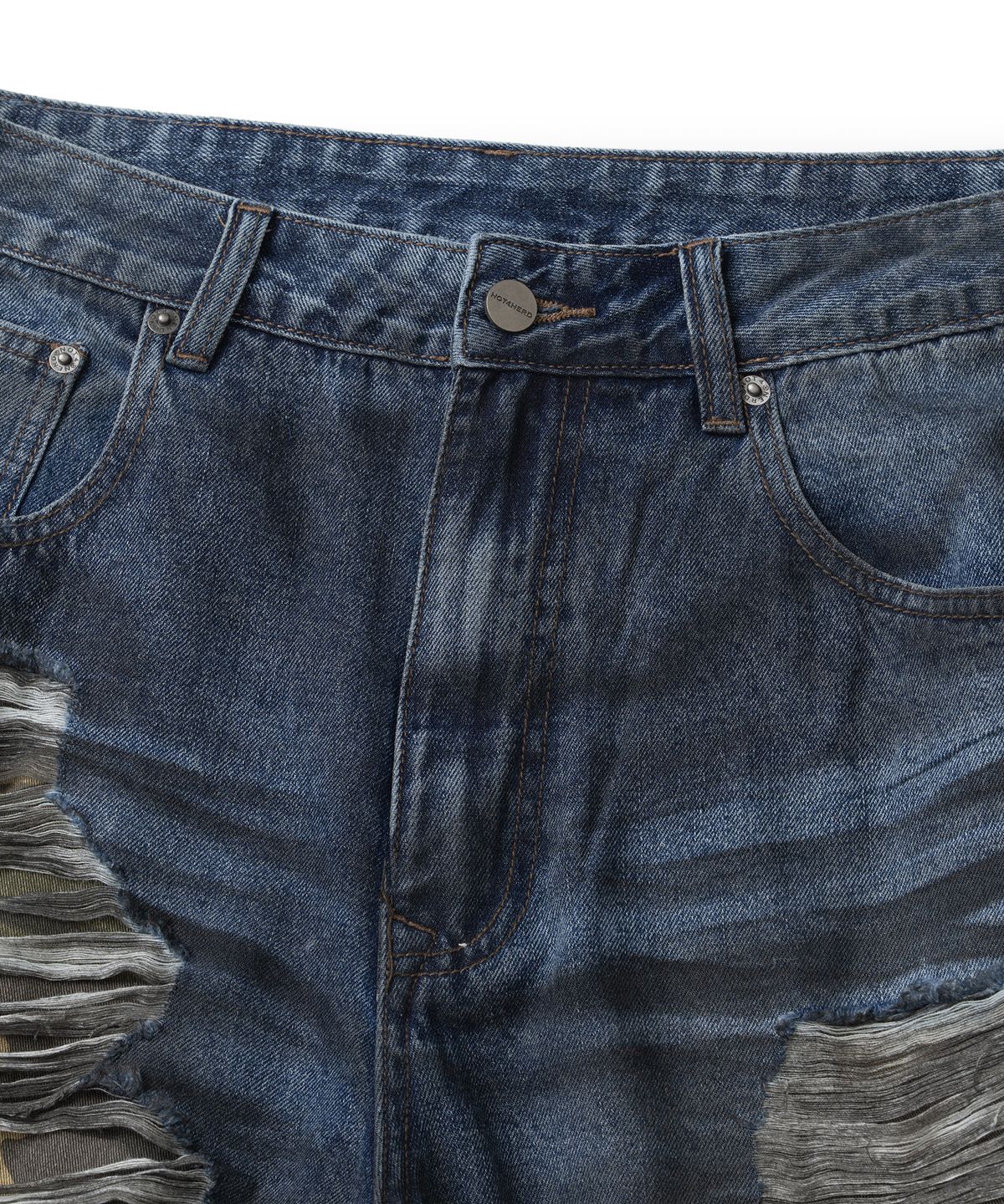 낫포너드(NOT4NERD) Camo Layered Distressed Bermuda Denim Shorts - Deep Blue
