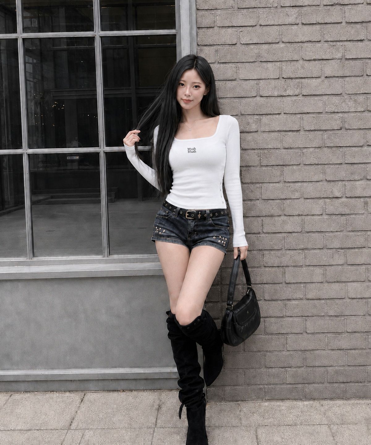 무아무아(MUAHMUAH) 슬릿 버튼 라운드 긴팔 티셔츠 [화이트]