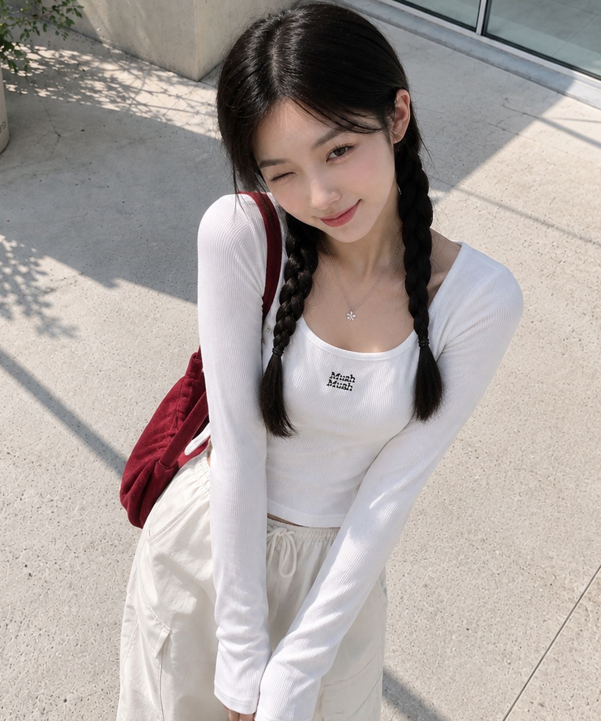 무아무아(MUAHMUAH) 슬릿 버튼 라운드 긴팔 티셔츠 [화이트]