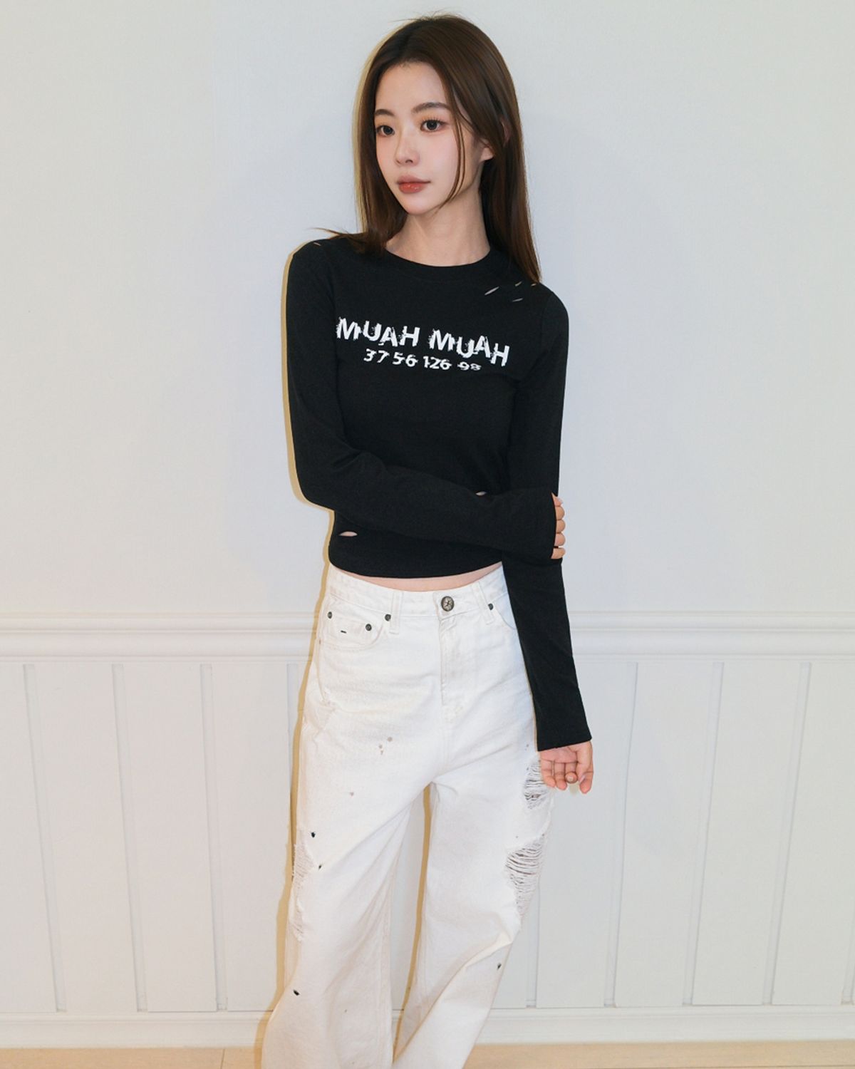 무아무아(MUAHMUAH) 크랙 무아 프린팅 긴팔티 [블랙]