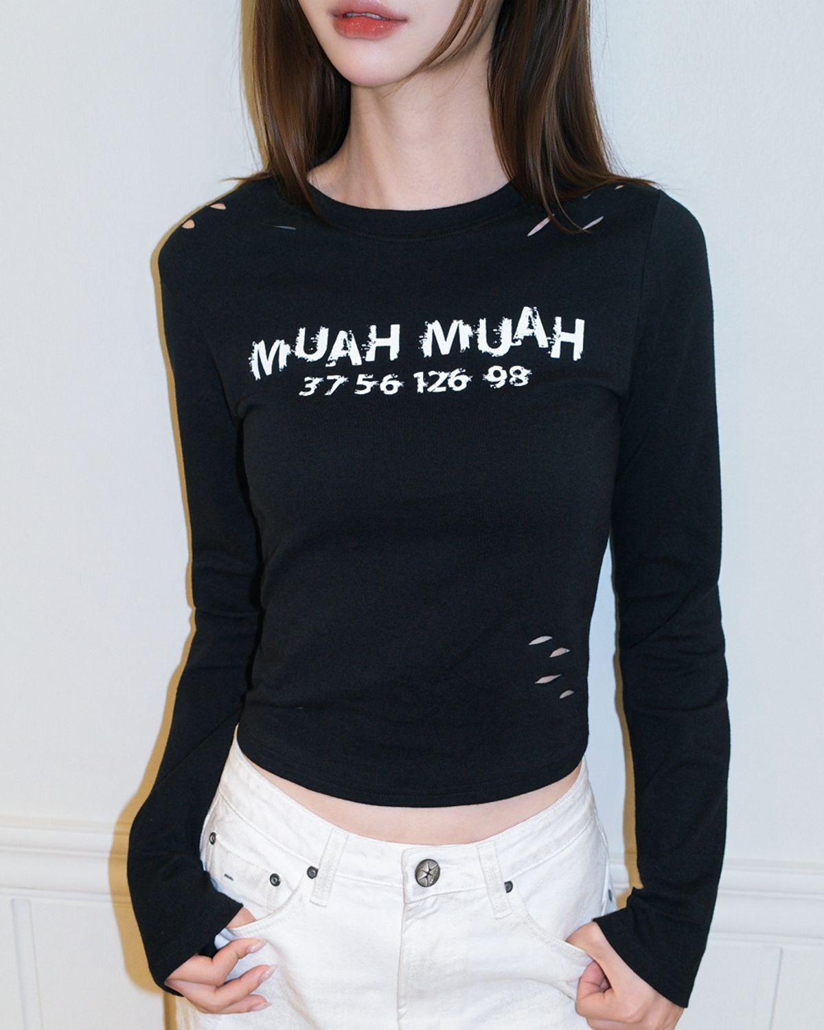 무아무아(MUAHMUAH) 크랙 무아 프린팅 긴팔티 [블랙]