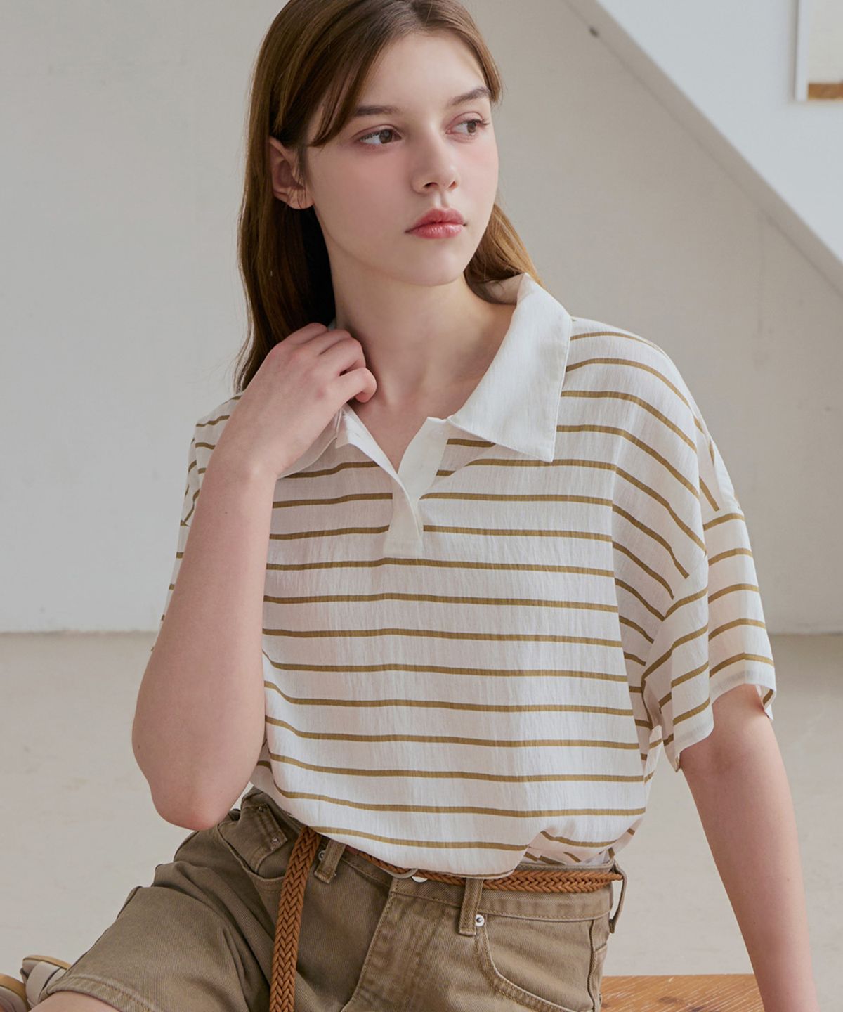 슬로우롤리(SLOWLOLLI) Grove collar stripe tee_2 Colors
