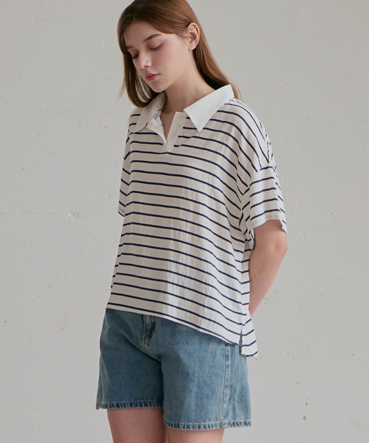 슬로우롤리(SLOWLOLLI) Grove collar stripe tee_2 Colors