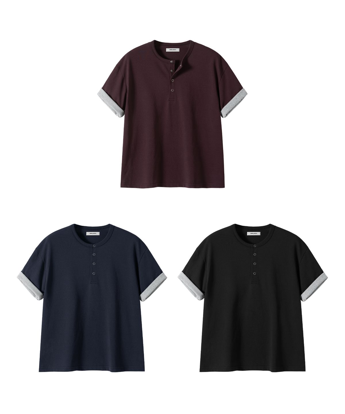 브렌슨(BRENSON) 컴포트 배색 롤업 크롭 헨리넥 반팔티 ( 3Color )