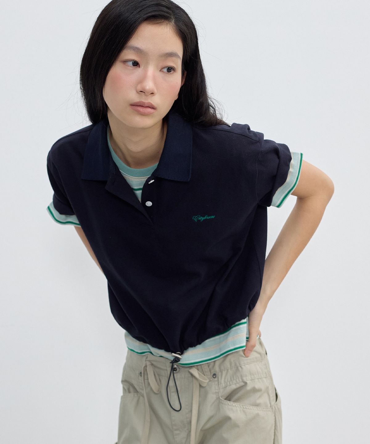 시티브리즈(CITYBREEZE) 카라넥 스트링 포인트 크롭 반팔 티셔츠_5COLORS