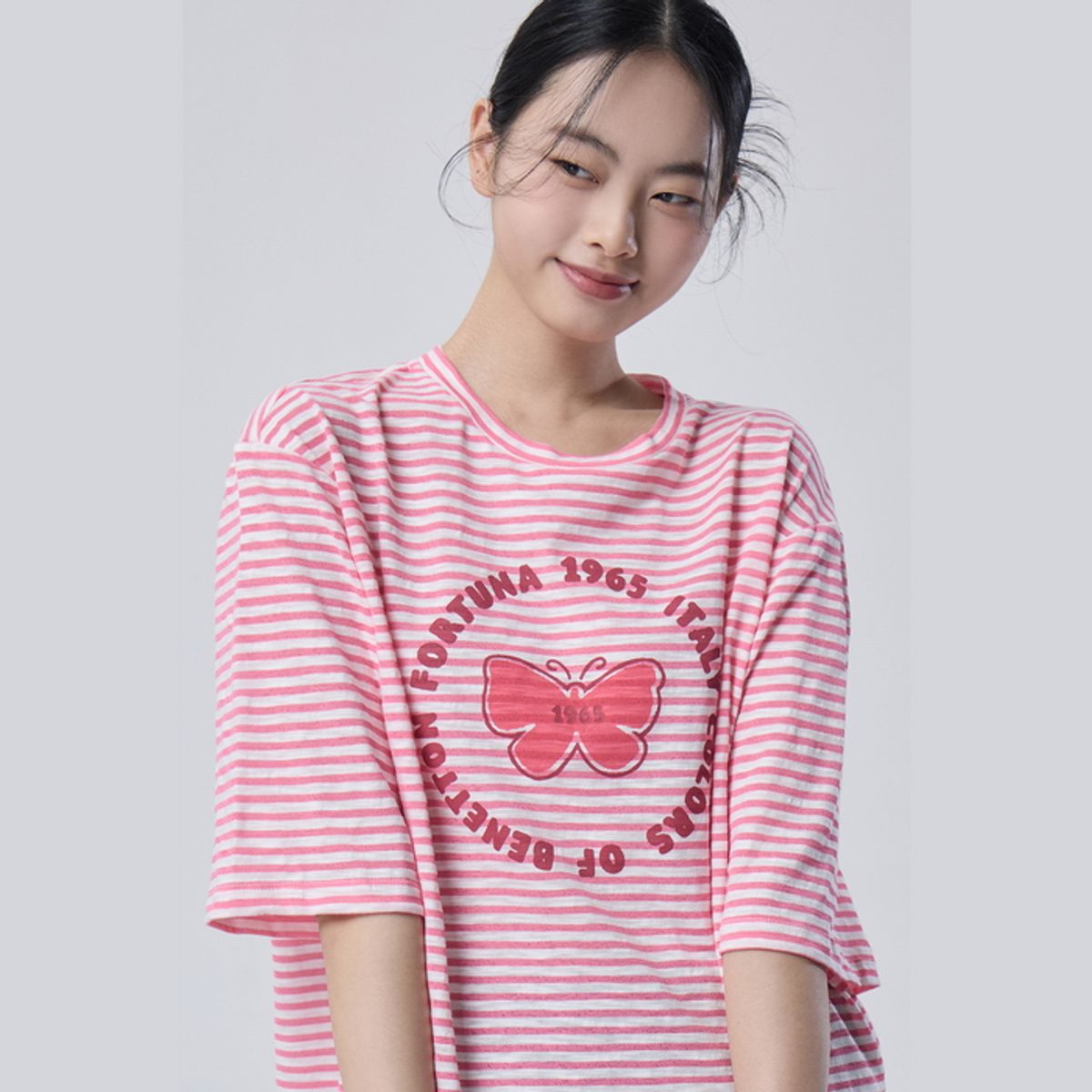 베네통(BENETTON) 스트라이프 슬럽 반팔 티셔츠_BATSE2631PK
