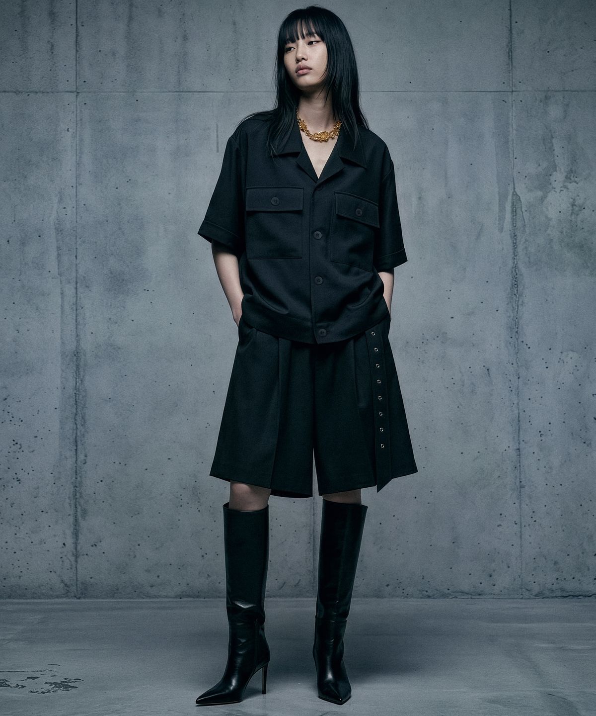 언티지(UNTAGE) 울 플리츠 와이드 벨트 반바지[Black(UNISEX)]_UTP-SP03