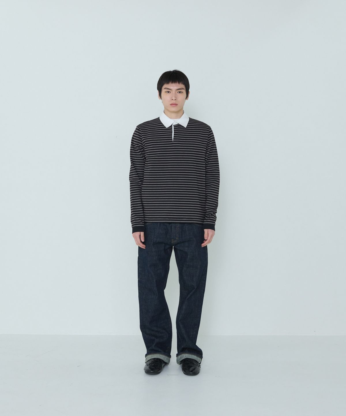 더씽인데어데어(THE THING IN THEIR THERE) Narrow Stripe Rugby Shirts Black