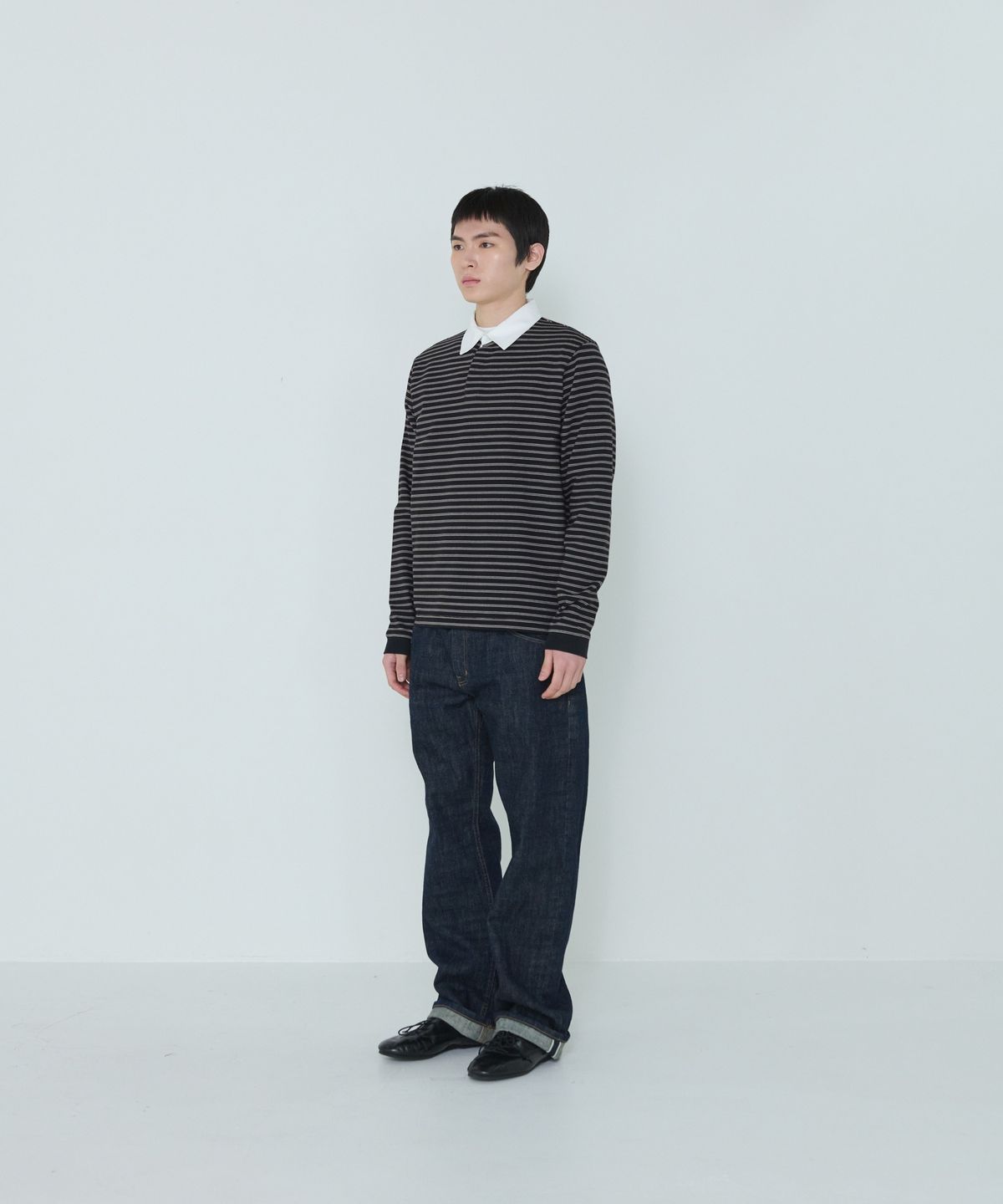 더씽인데어데어(THE THING IN THEIR THERE) Narrow Stripe Rugby Shirts Black