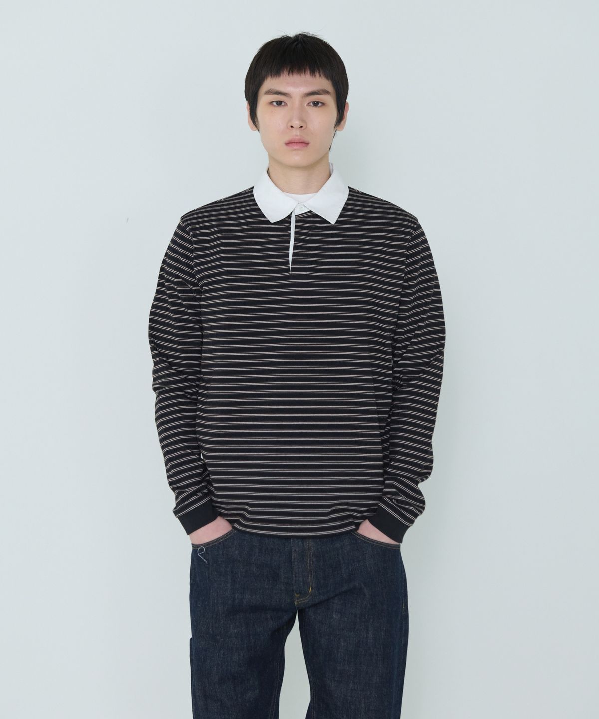 더씽인데어데어(THE THING IN THEIR THERE) Narrow Stripe Rugby Shirts Black
