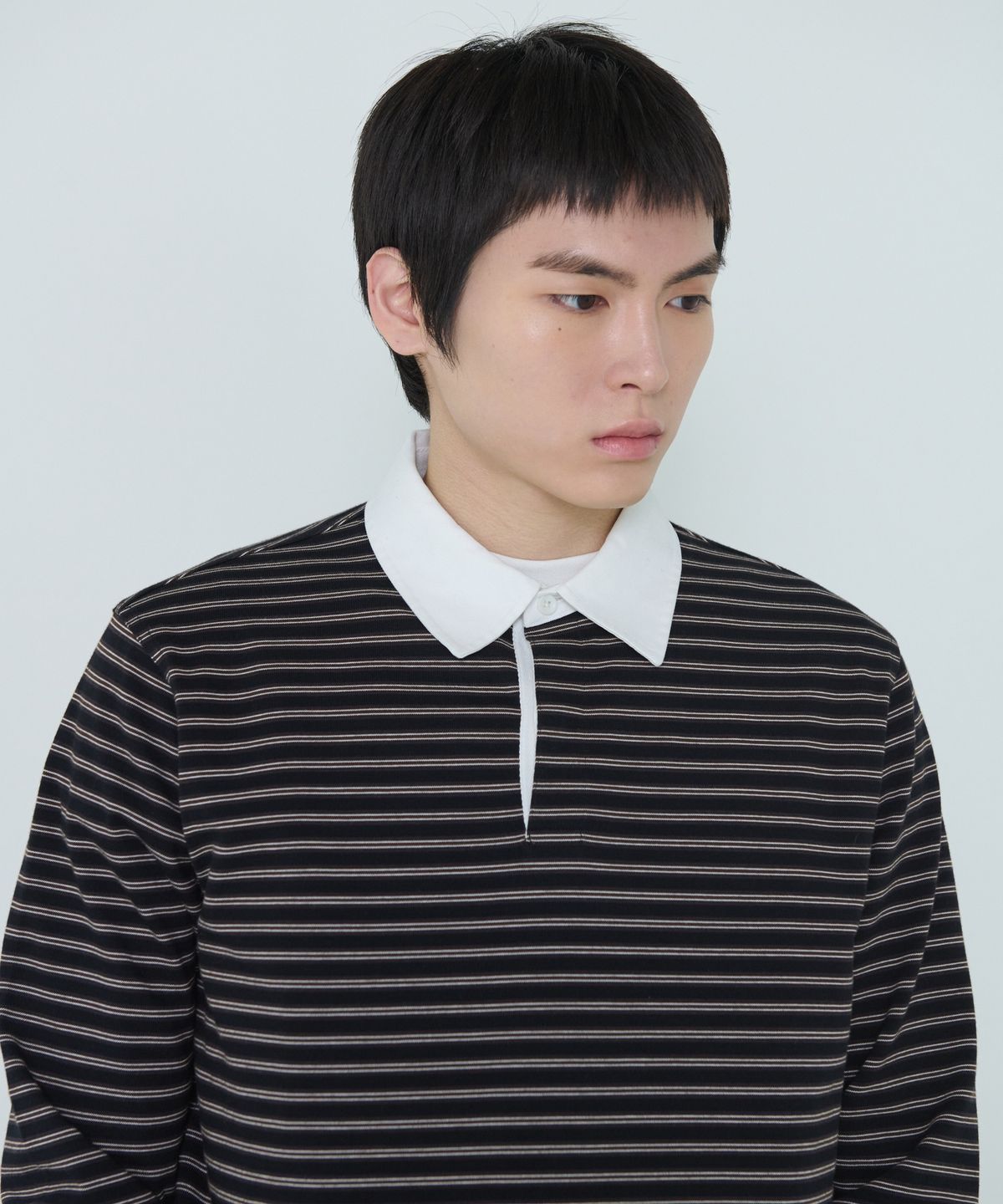 더씽인데어데어(THE THING IN THEIR THERE) Narrow Stripe Rugby Shirts Black