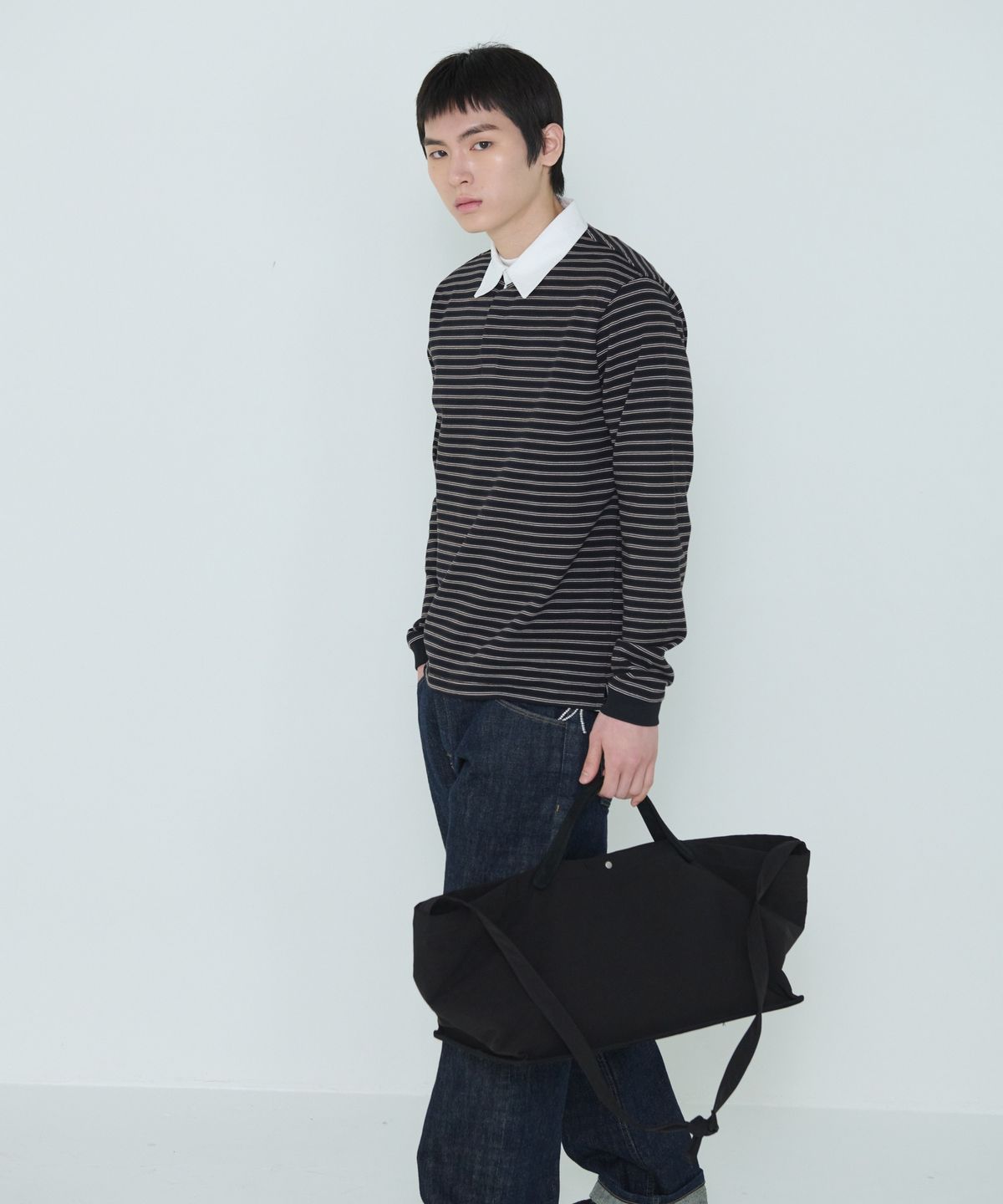 더씽인데어데어(THE THING IN THEIR THERE) Narrow Stripe Rugby Shirts Black