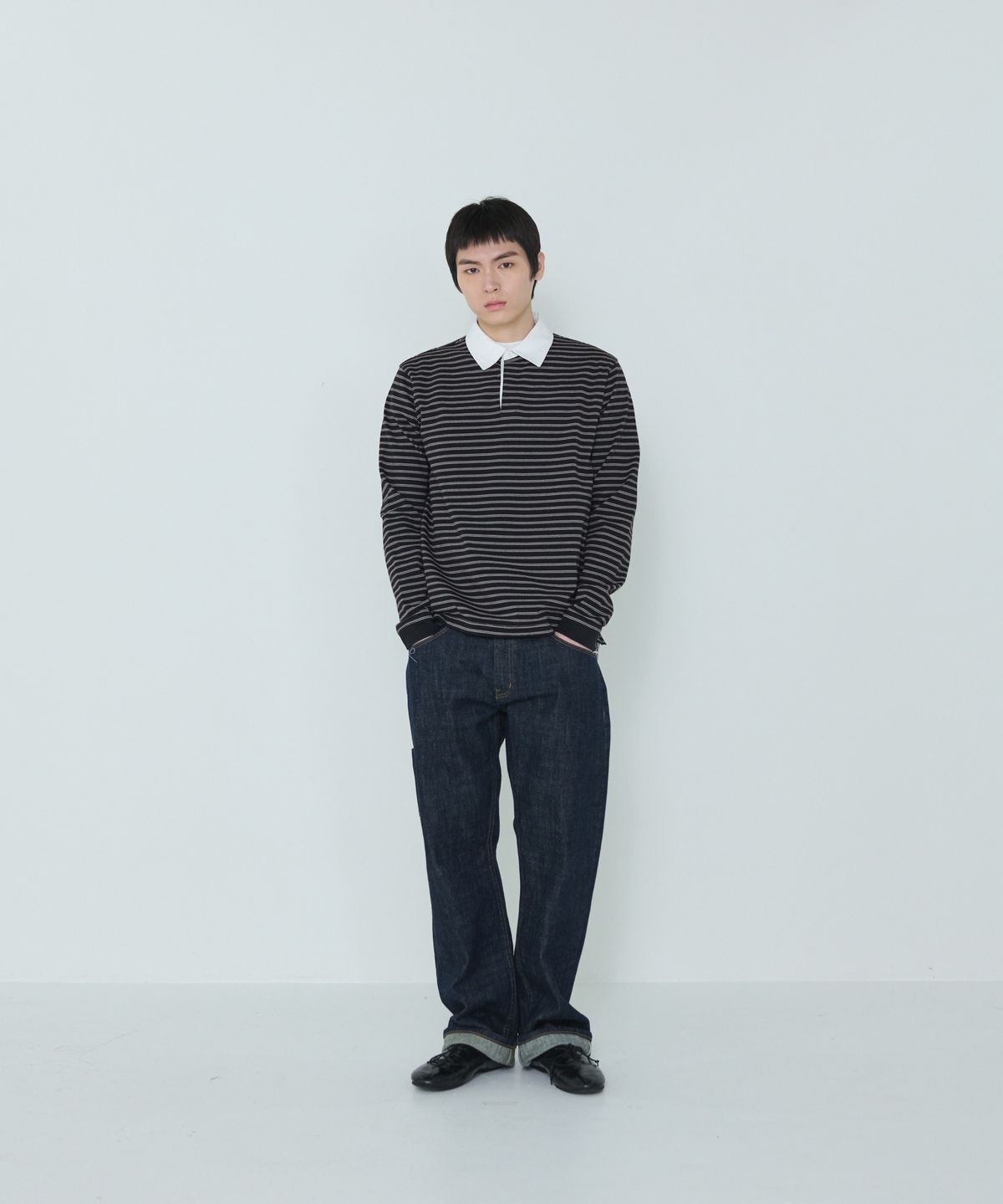 더씽인데어데어(THE THING IN THEIR THERE) Narrow Stripe Rugby Shirts Black