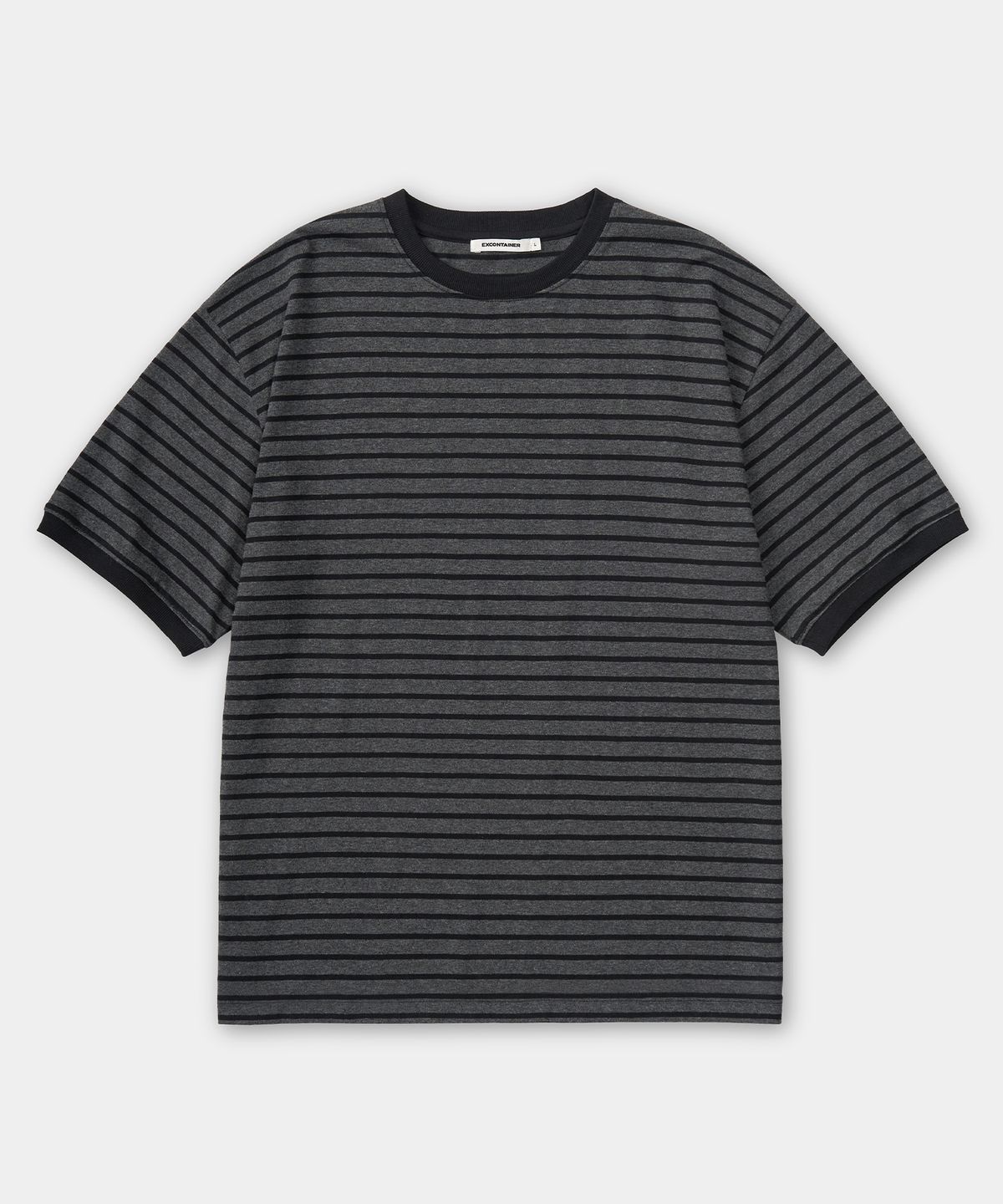 엑스컨테이너(EXCONTAINER) [크롭] 리브드 스트라이프 하프 링거 티셔츠 (CHARCOAL GREY)