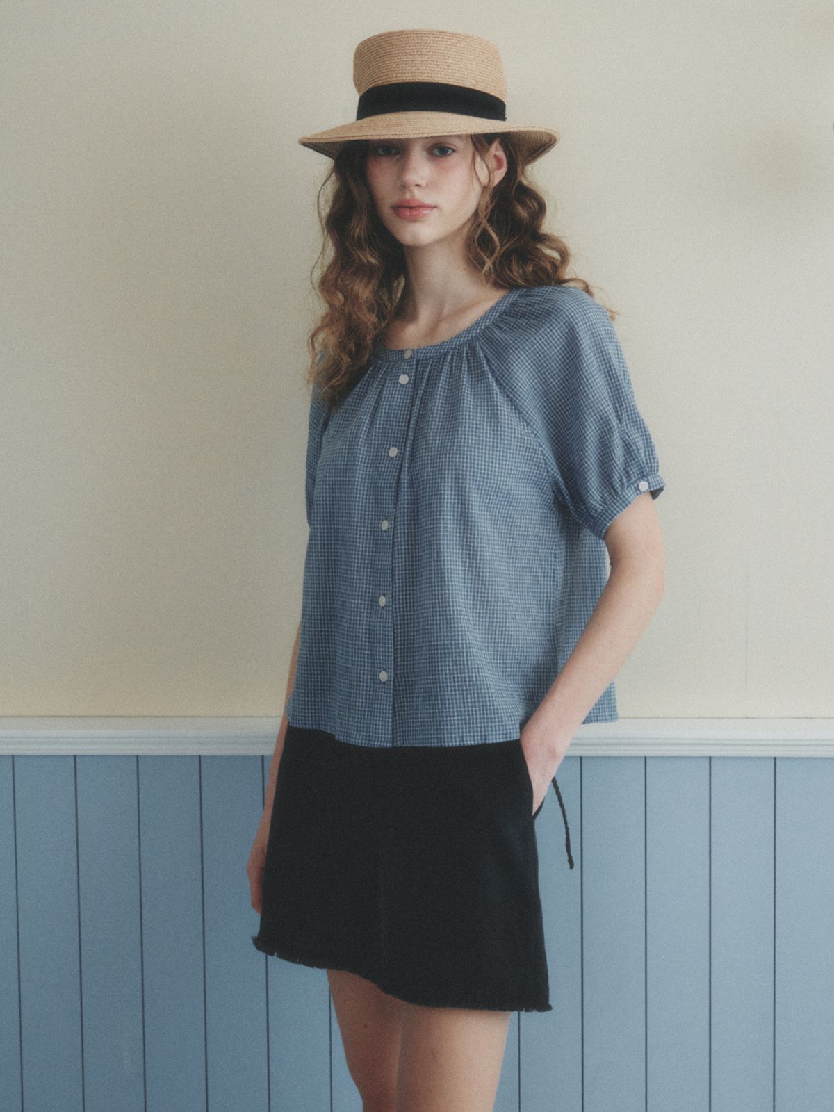 르니나(LENINA) CHLOE raglan check blouse_BLUE