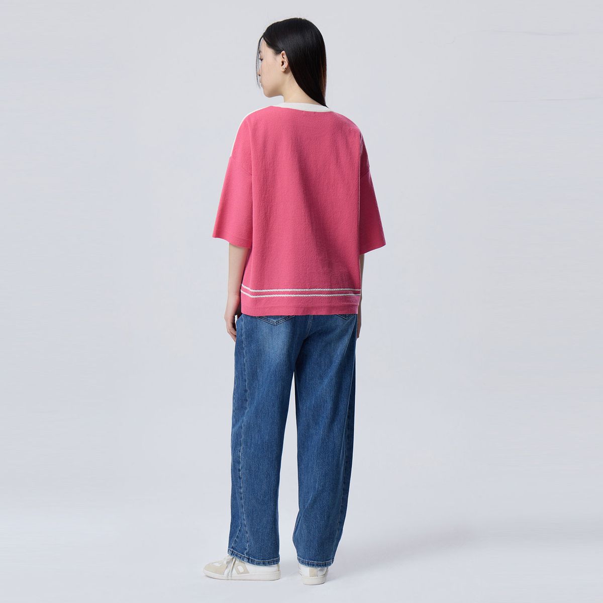 베네통(BENETTON) 리본 크로와상 배색 니트_BAKP09611PK