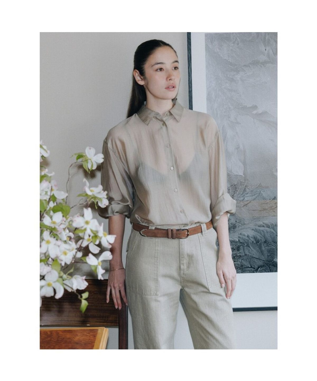 디애퍼처(THE APERTURE) Sheer Stripe Shirt  Brown (TA6264A04D)