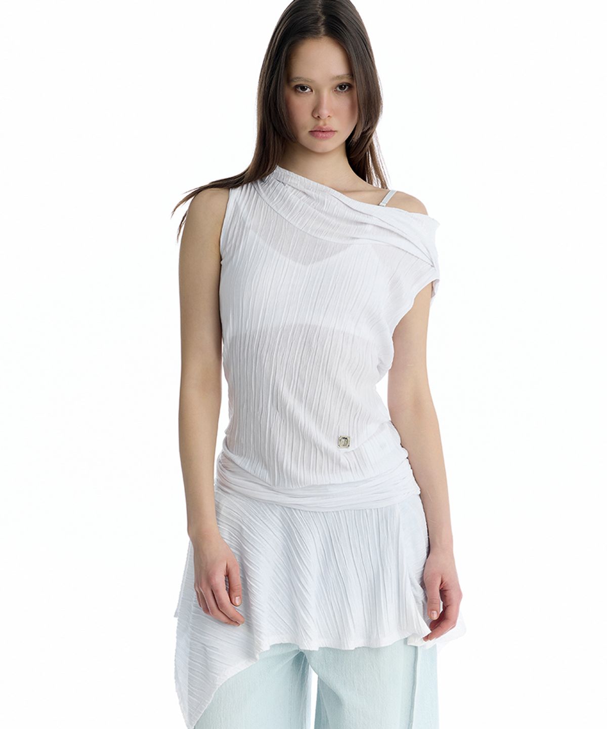 트리밍버드(TREEMINGBIRD) Crinkle Draped Hooded Sleeveless Dress [ White ]
