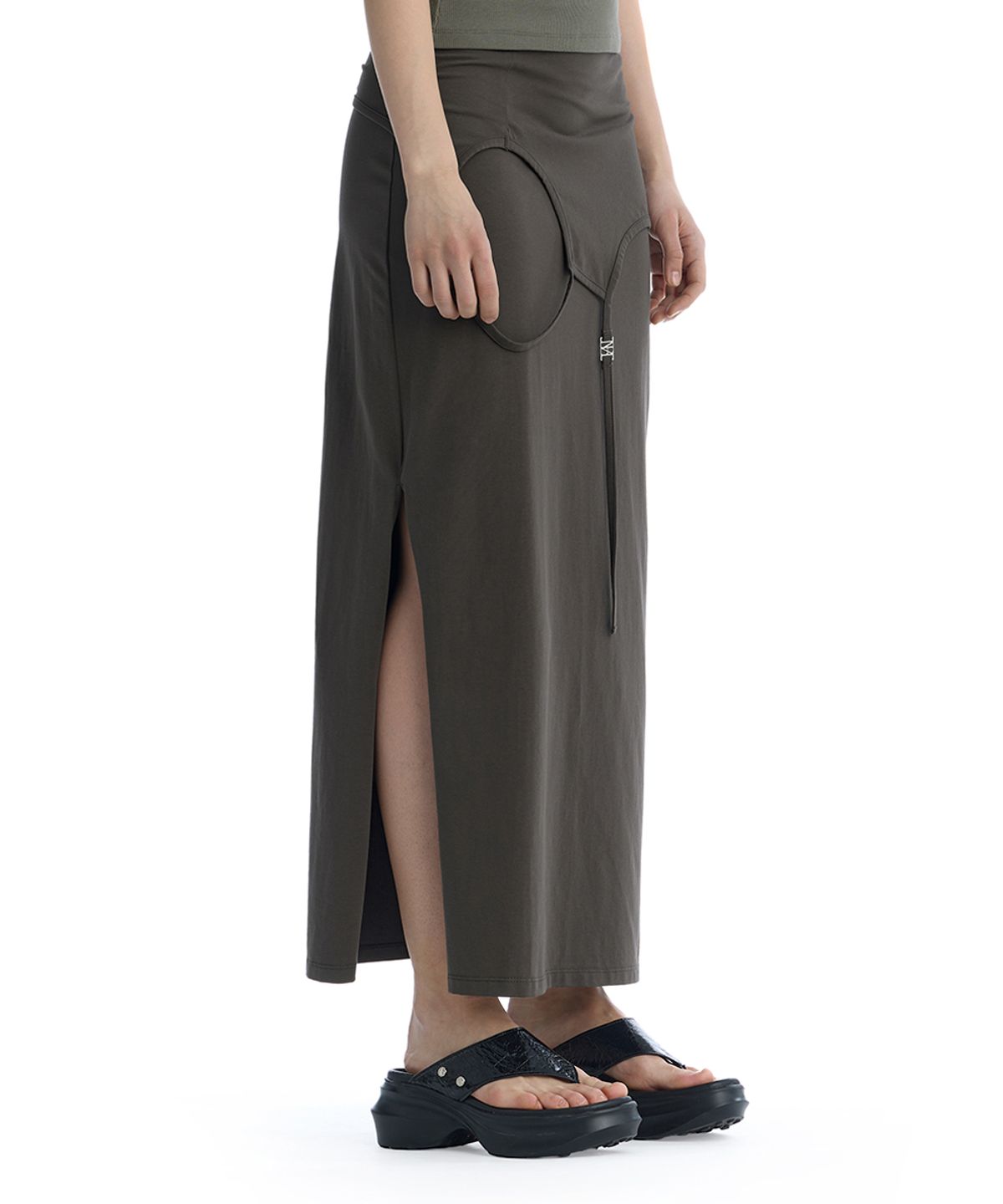 트리밍버드(TREEMINGBIRD) Double Layered Strap Maxi Skirt [ Charcoal ]