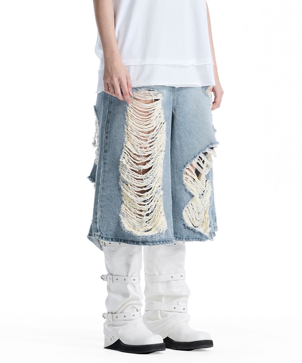 트리밍버드(TREEMINGBIRD) Scratch Damage Denim Shorts [ Blue ]