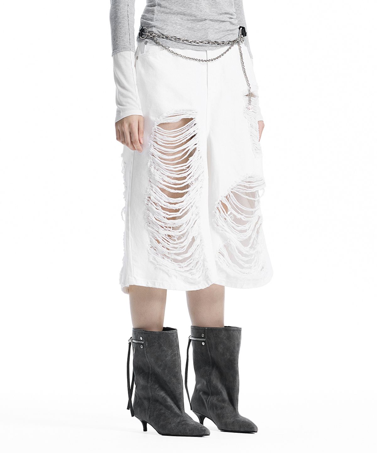 트리밍버드(TREEMINGBIRD) Scratch Damage Denim Shorts [ White ]