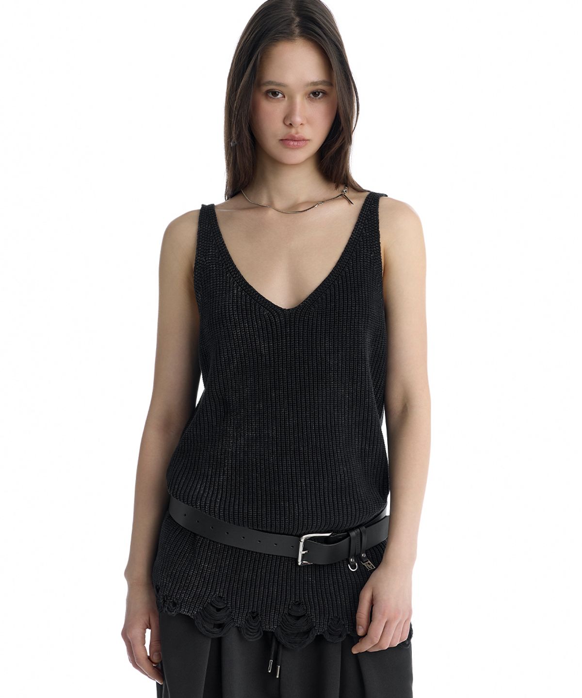 트리밍버드(TREEMINGBIRD) Washed Distressed Sleeveless Knit Top [ Black ]