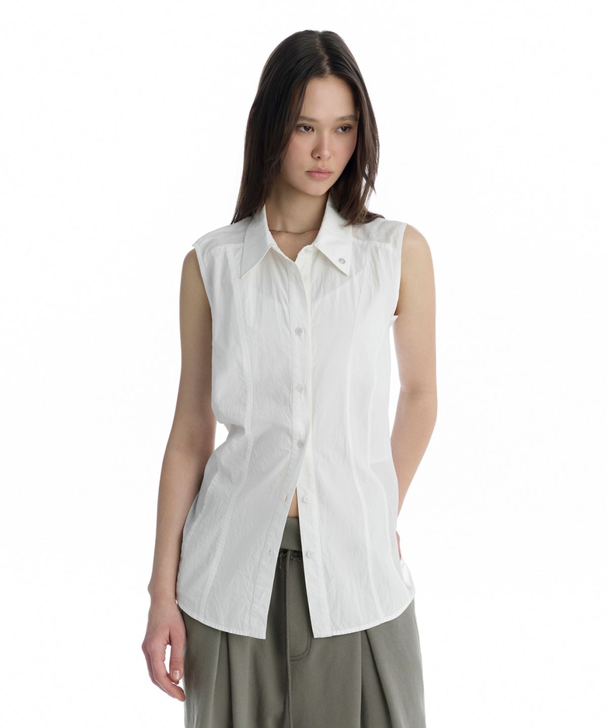 트리밍버드(TREEMINGBIRD) Regular-Fit Side Panel Sleeveless Shirt [ White ]