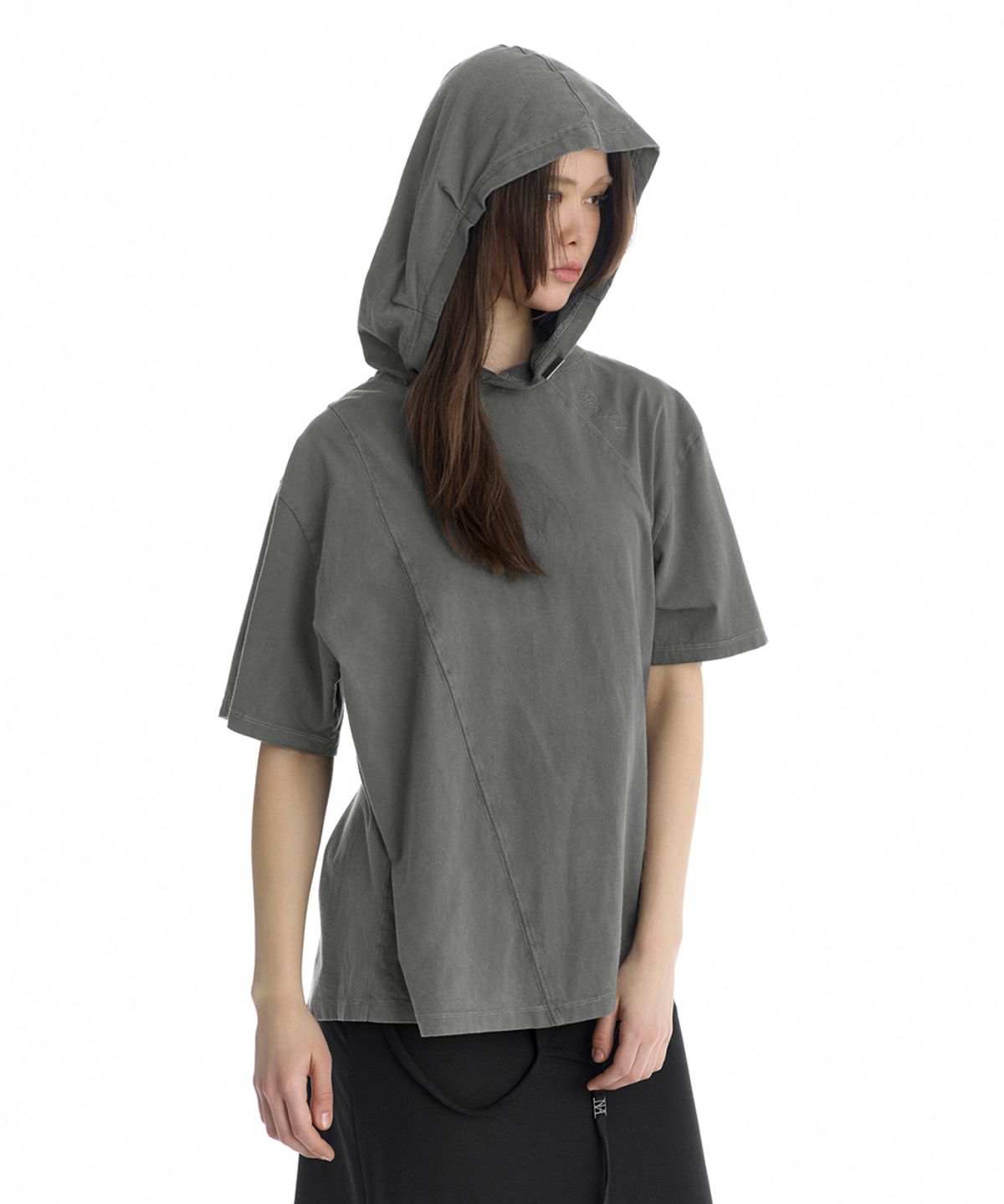 트리밍버드(TREEMINGBIRD) Diagonal Cut-Line Hooded T-Shirt [ Gray ]