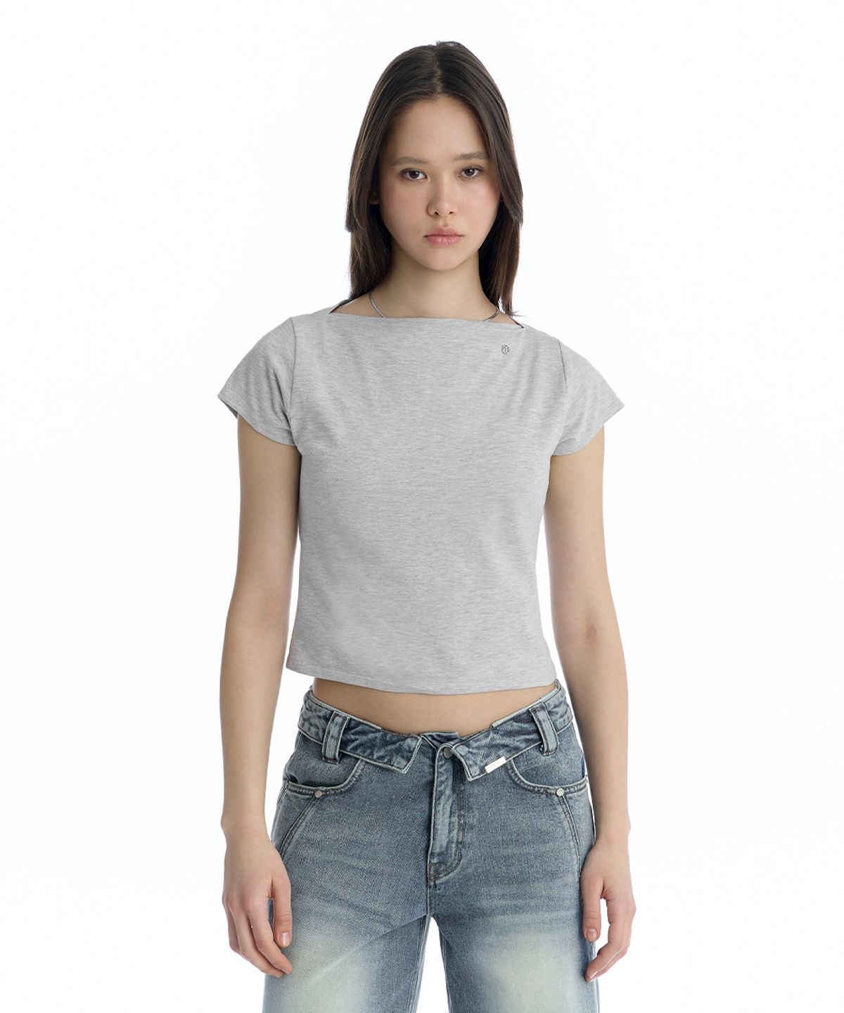 트리밍버드(TREEMINGBIRD) Boat Neck Slim Baby T-Shirt [ Melange Gray ]