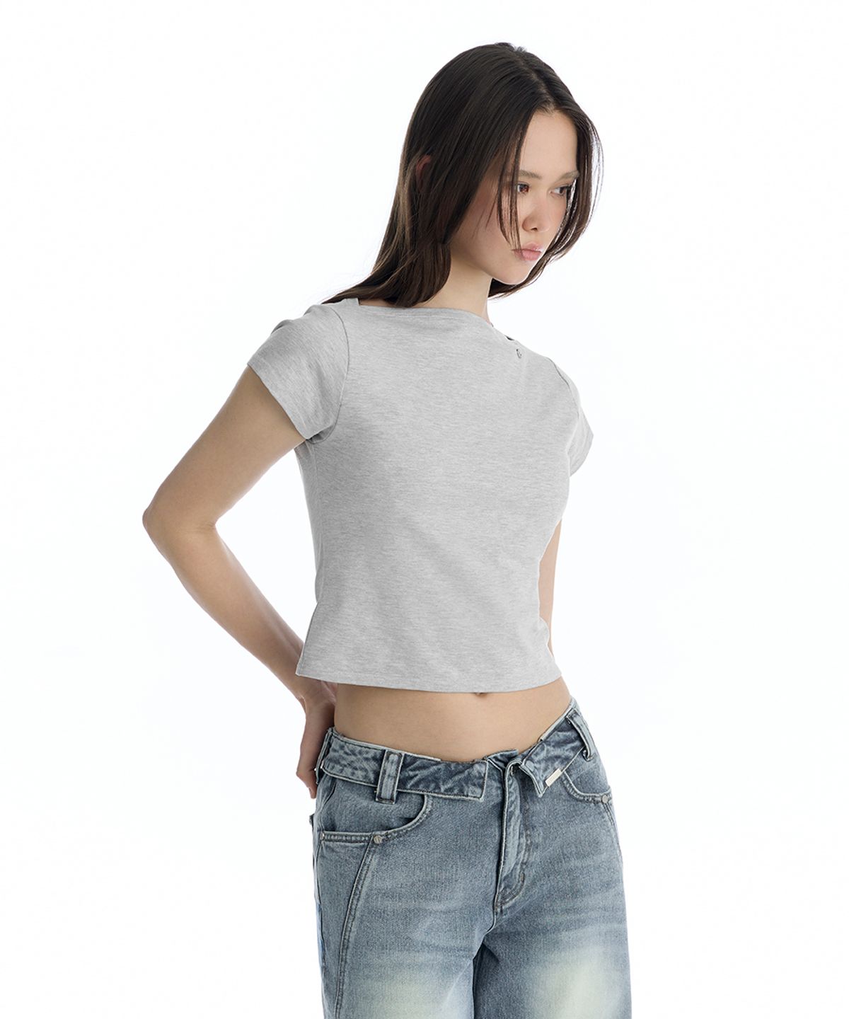 트리밍버드(TREEMINGBIRD) Boat Neck Slim Baby T-Shirt [ Melange Gray ]