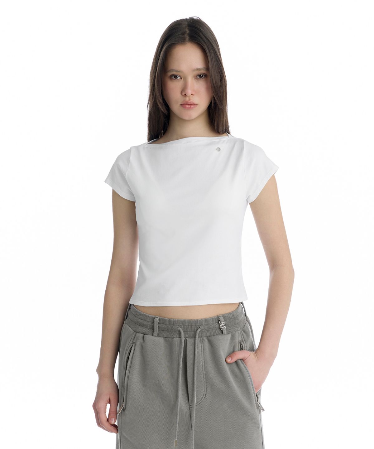 트리밍버드(TREEMINGBIRD) Boat Neck Slim Baby T-Shirt [ White ]