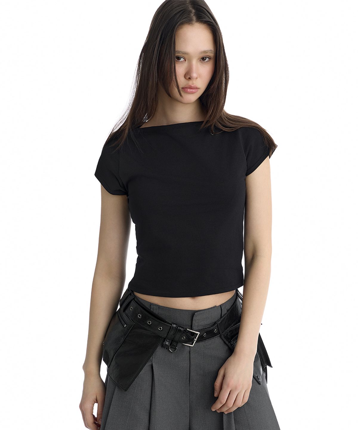 트리밍버드(TREEMINGBIRD) Boat Neck Slim Baby T-Shirt [ Black ]