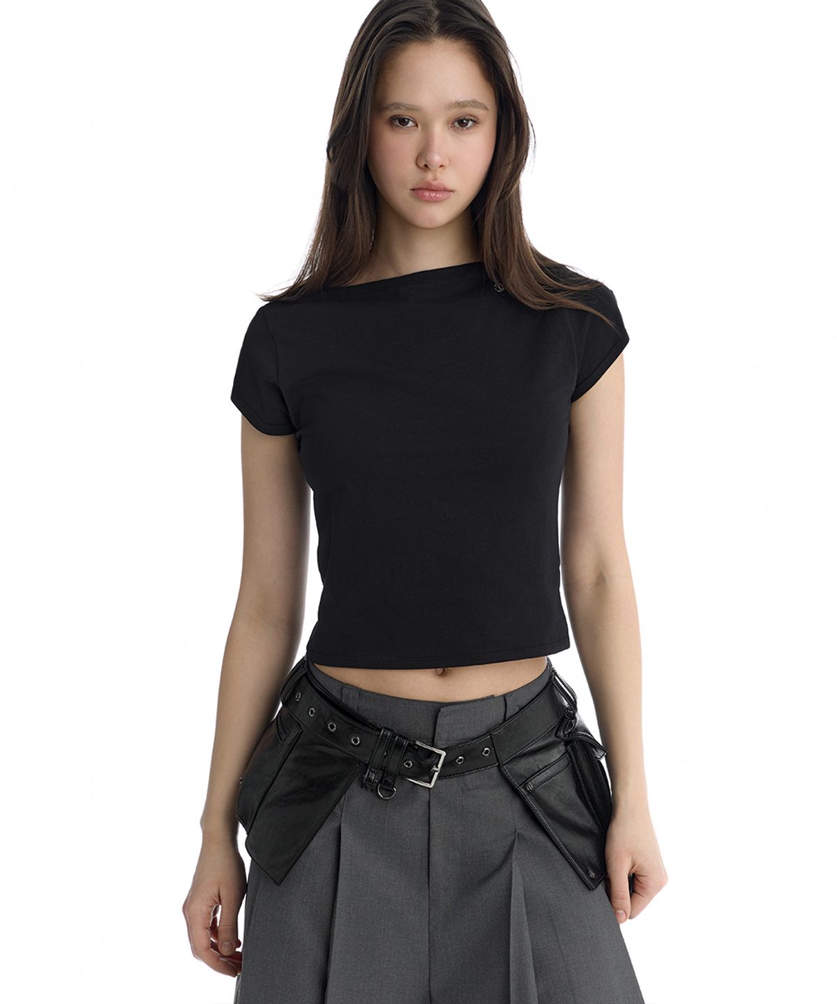 트리밍버드(TREEMINGBIRD) Boat Neck Slim Baby T-Shirt [ Black ]