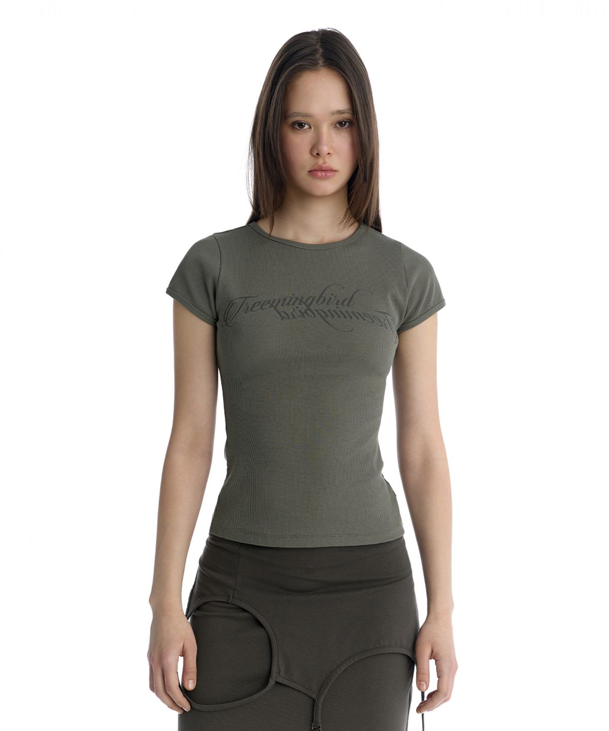 트리밍버드(TREEMINGBIRD) Double Script Logo Ribbed T-Shirt [ Khaki ]