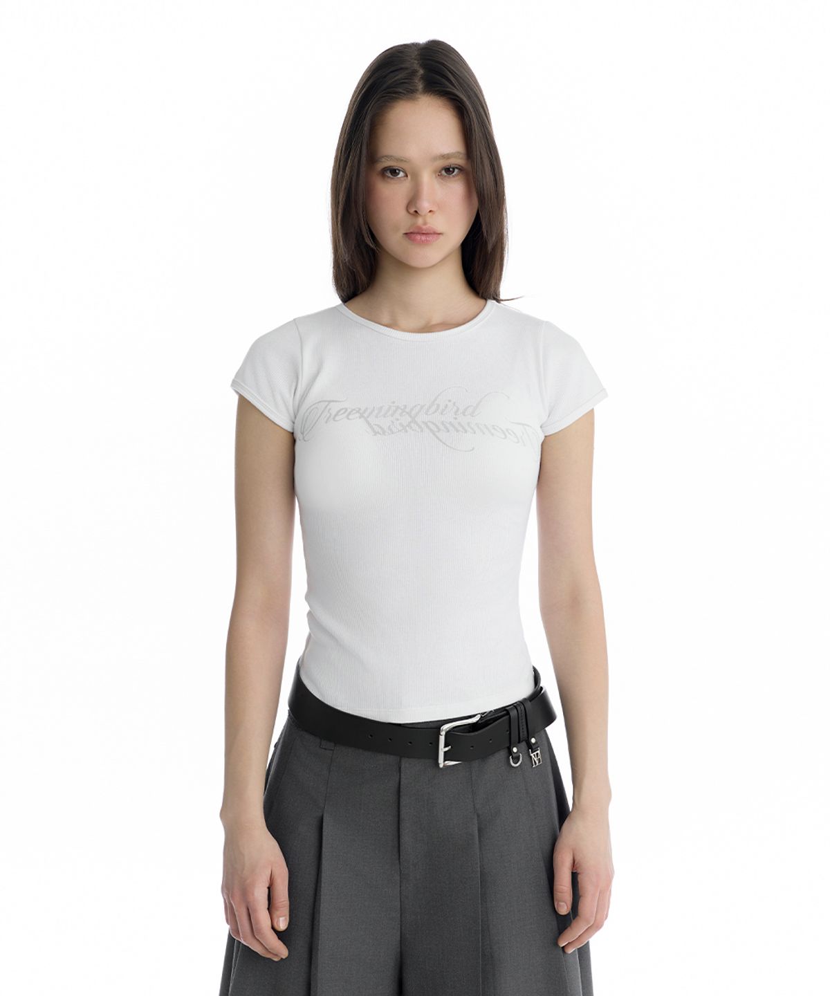 트리밍버드(TREEMINGBIRD) Double Script Logo Ribbed T-Shirt [ White ]