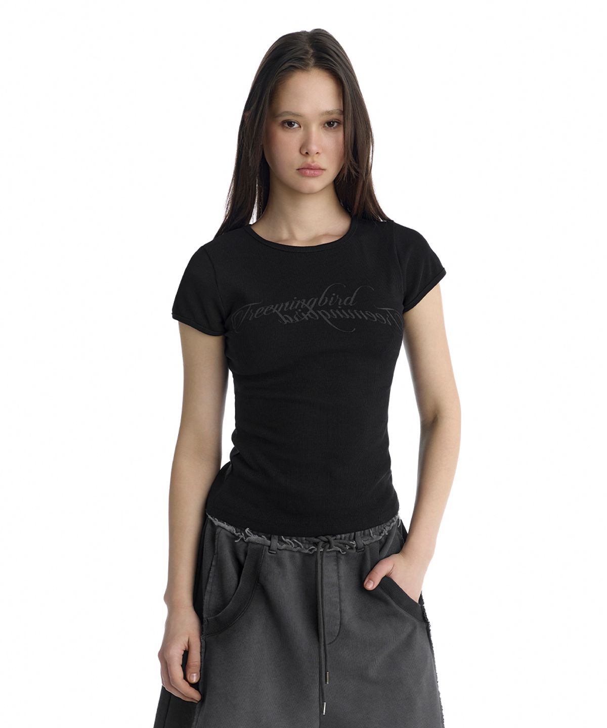 트리밍버드(TREEMINGBIRD) Double Script Logo Ribbed T-Shirt [ Black ]