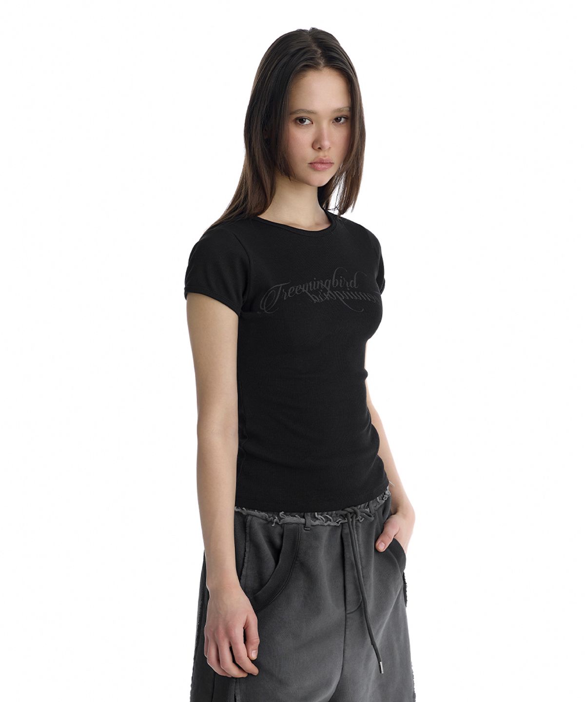 트리밍버드(TREEMINGBIRD) Double Script Logo Ribbed T-Shirt [ Black ]