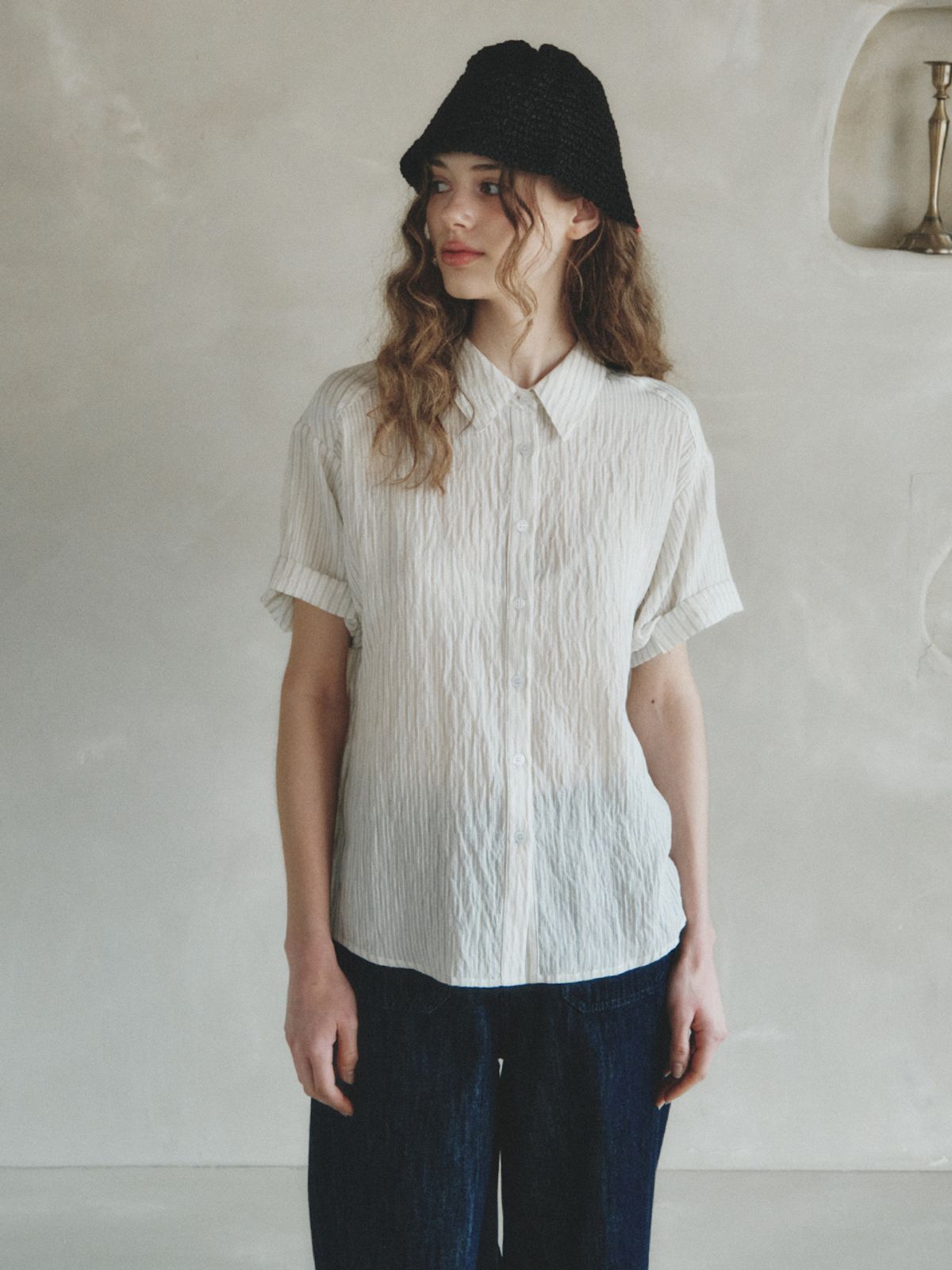 르니나(LENINA) BACHE stripe roll-up shirt_LIGHT GREEN