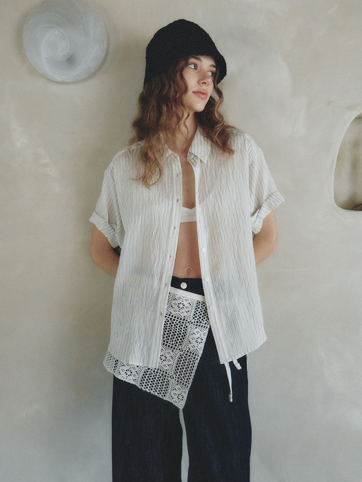 르니나(LENINA) BACHE stripe roll-up shirt_LIGHT GREEN