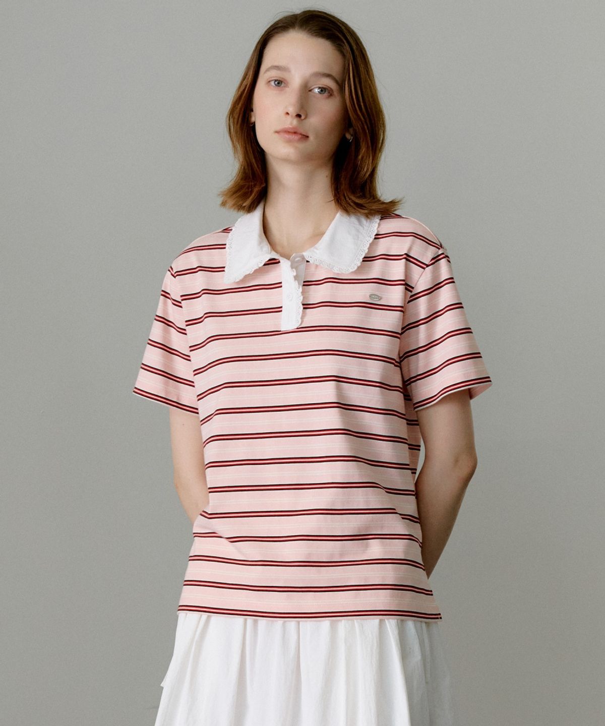 올리브 데 올리브(OLIVE DES OLIVE) 카라 레이스 스트라이프 반팔 티셔츠 OE6ME5680